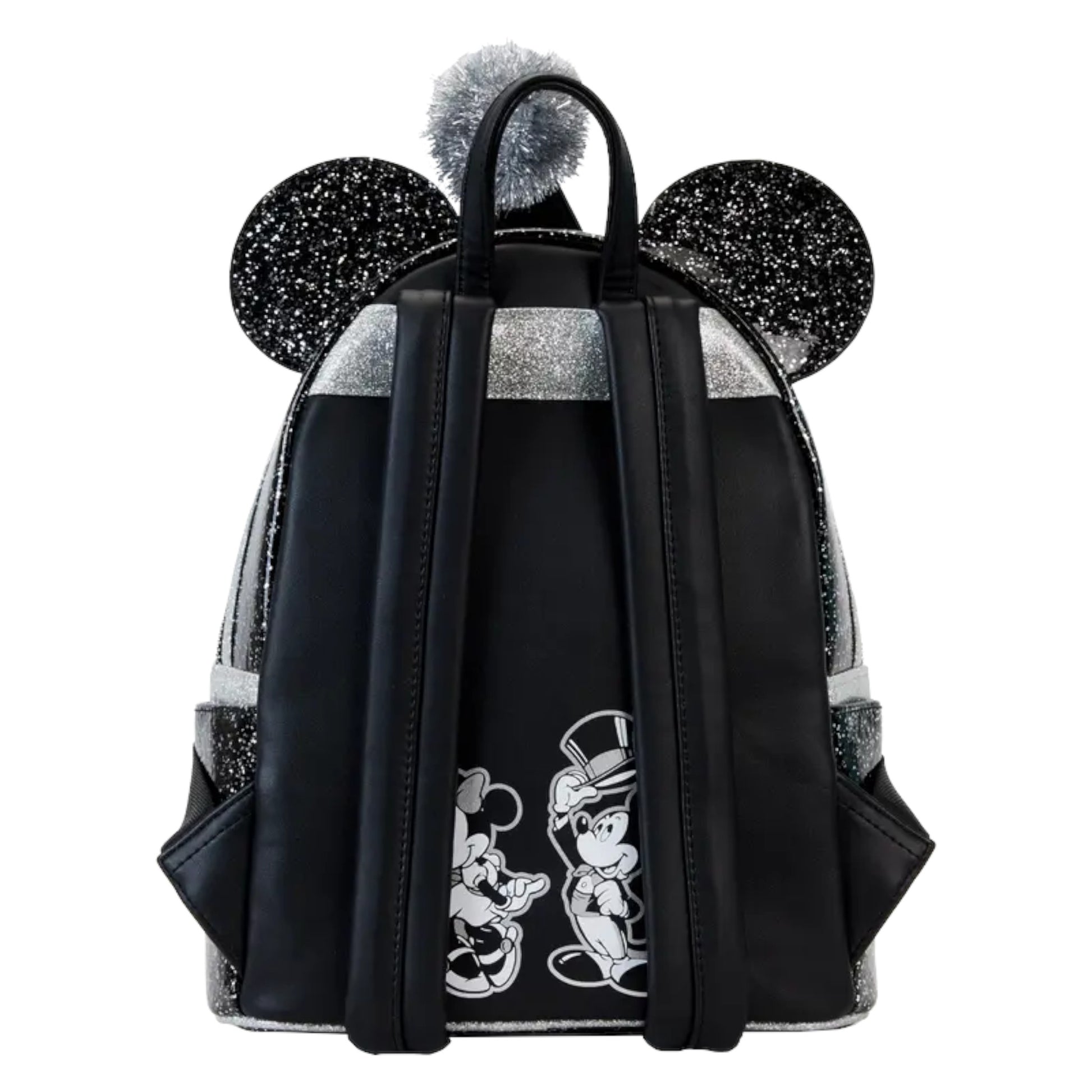 Black backpack with sparkling ears Mickey and Minnie character design on a white background