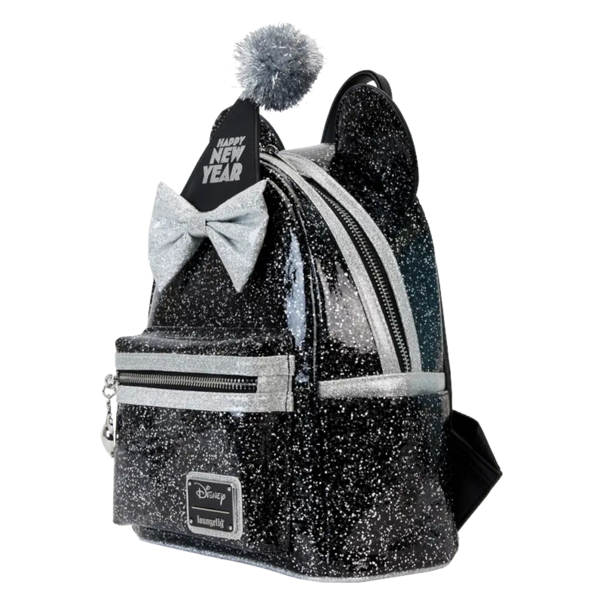 Black glitter backpack with a removable bow and pom-pom on a white background