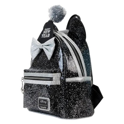 Black glitter backpack with a removable bow and pom-pom on a white background