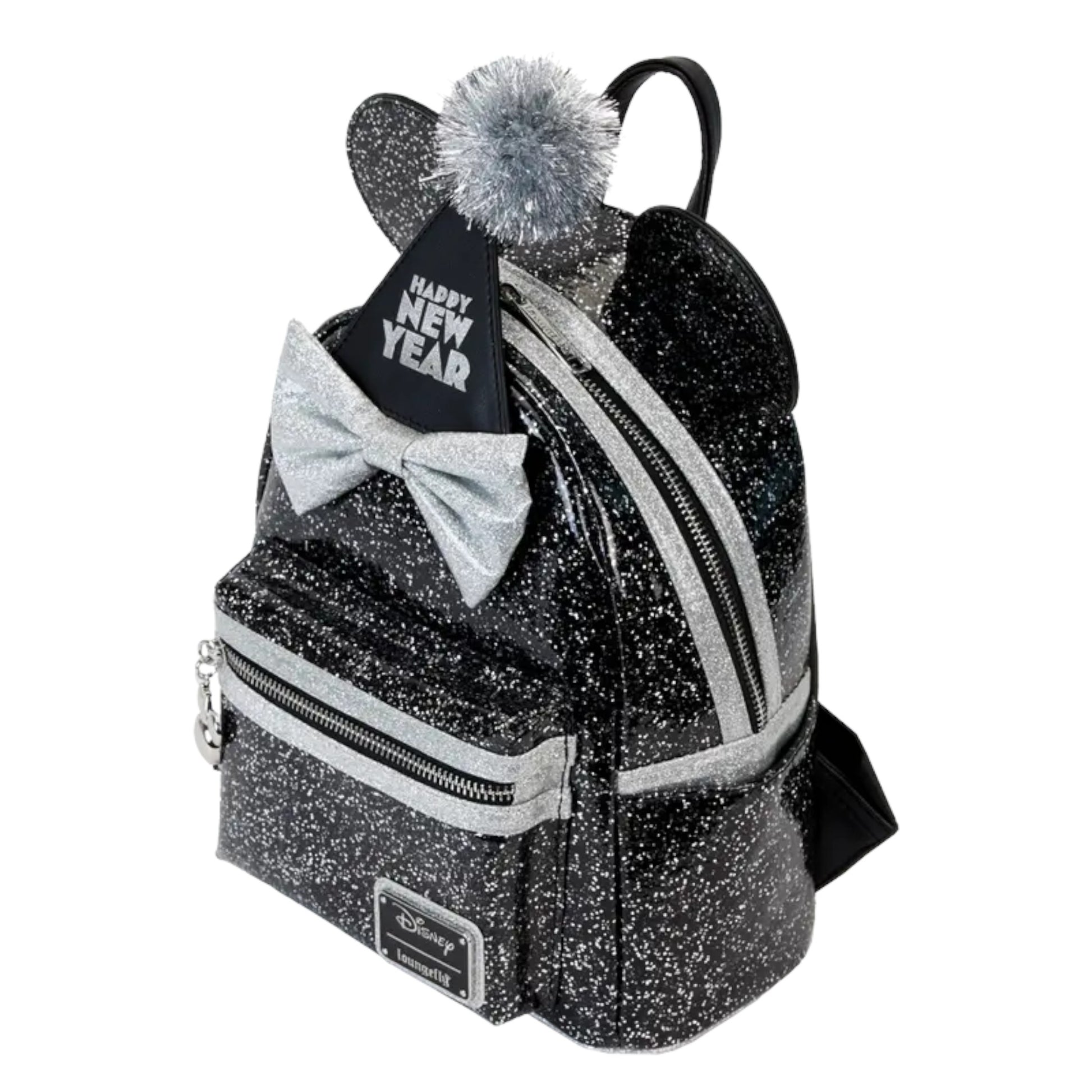 Black glitter backpack with a removable bow and 'Happy New Year' sign on a white background