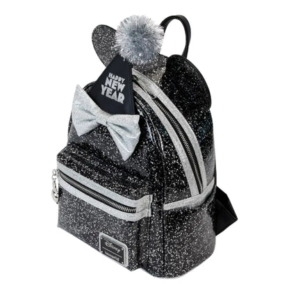 Black glitter backpack with a removable bow and 'Happy New Year' sign on a white background