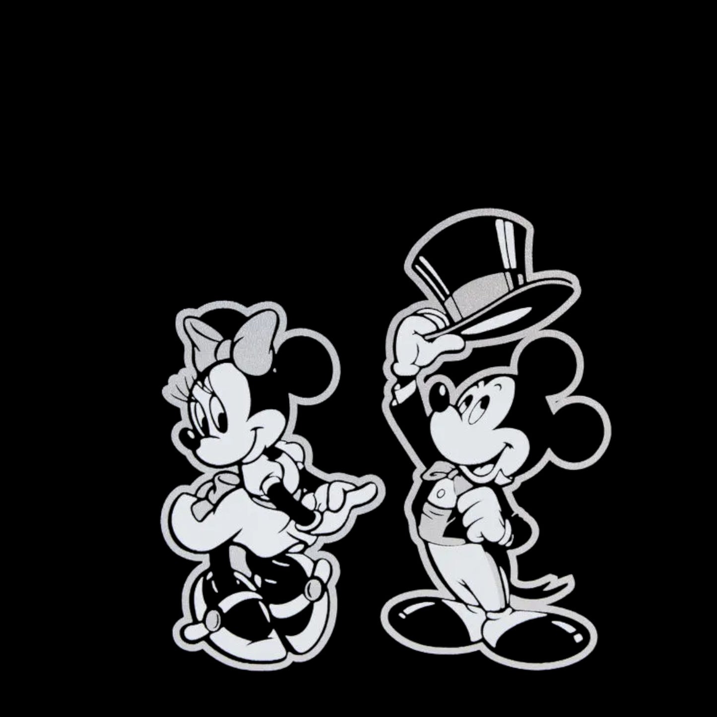 Black and white illustration of mickey and minnie on a black background