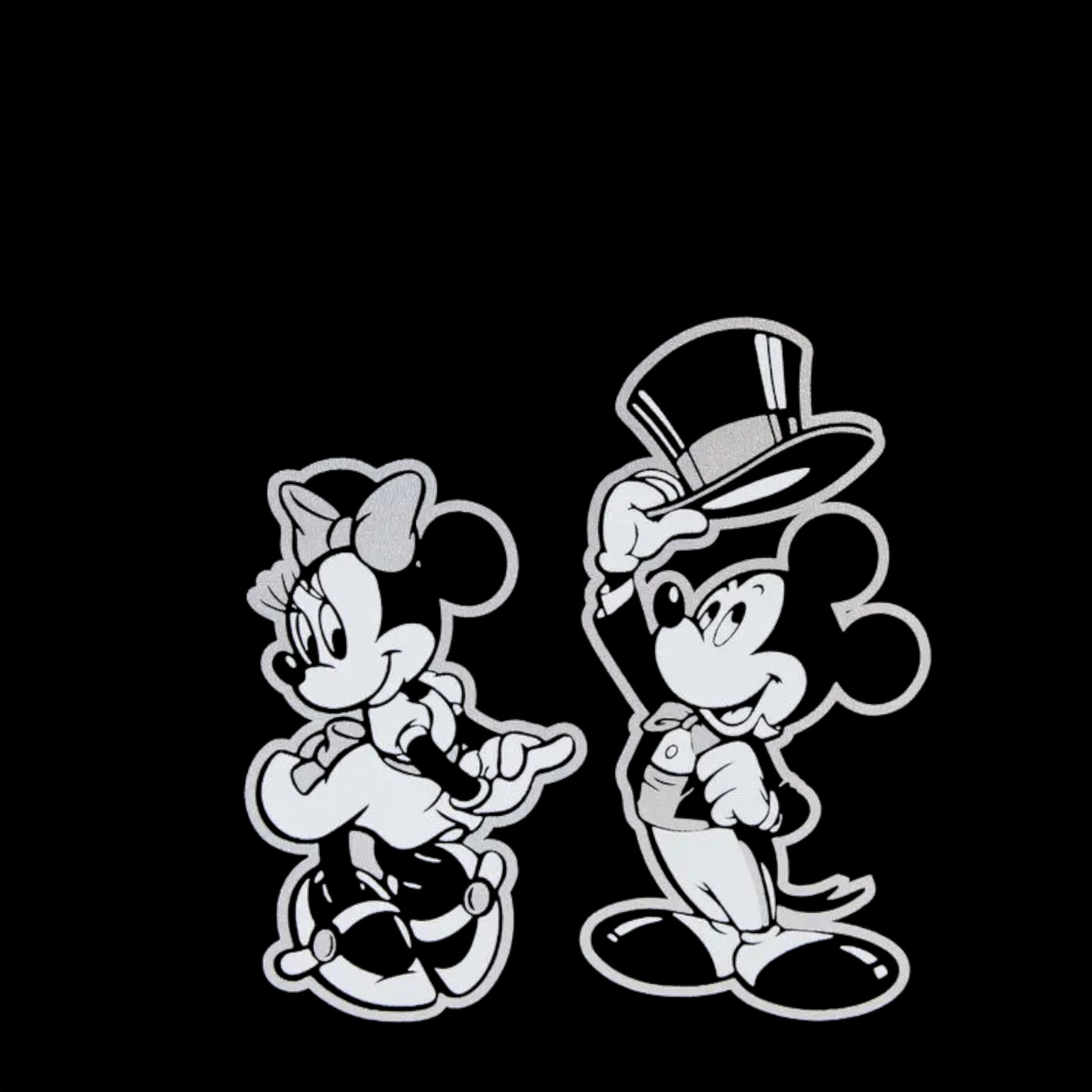 Black and white illustration of mickey and minnie on a black background