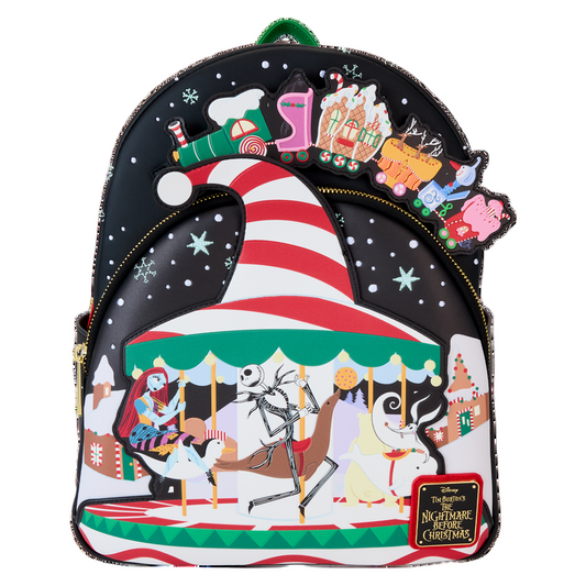 Front NBC Town Carousel backpack featuring Jack Skellington and other characters on a white background.