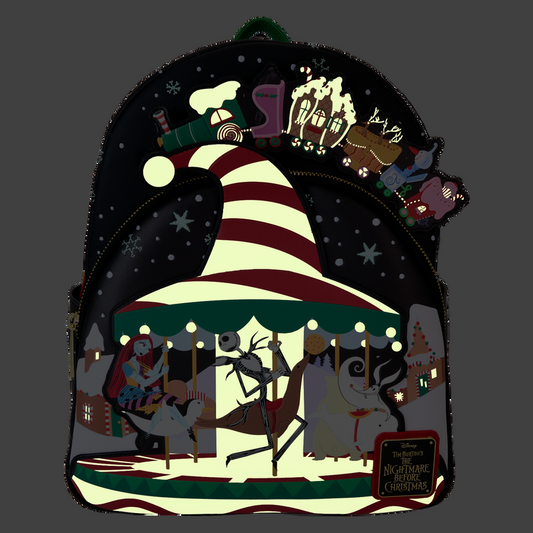 Front NBC Town Carousel backpack glowing featuring Jack Skellington and Sally on a carousel.