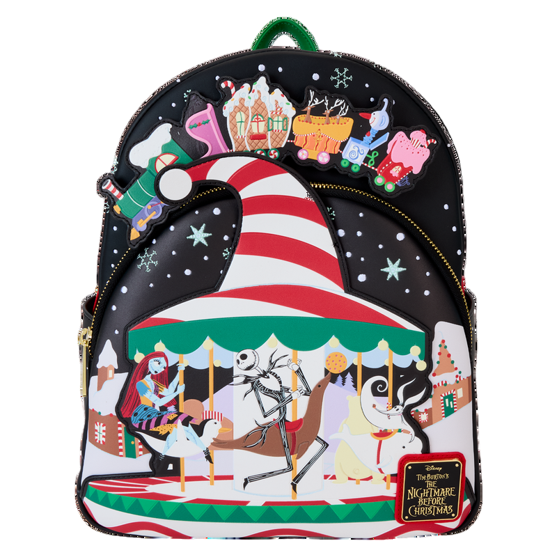 Front of NBC Town Carousel backpack with festive design featuring characters and elements from 'The Nightmare Before Christmas' on a white background