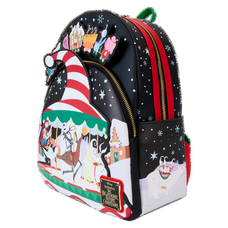 Front and side NBC Town Carousel backpack with festive design featuring NBC characters on a white background