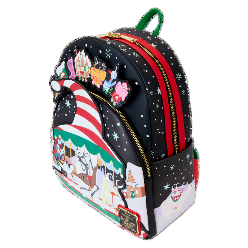 Top front and side NBC Town Carousel backpack on a white background