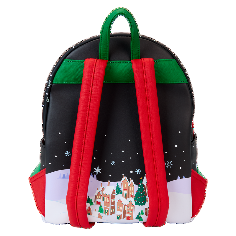 Back NBC Town Carousel backpack featuring houses and trees on a white background.