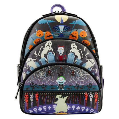 NBC halloween-themed backpack with ghost, pumpkin, and various nbc character designs on a white background. 