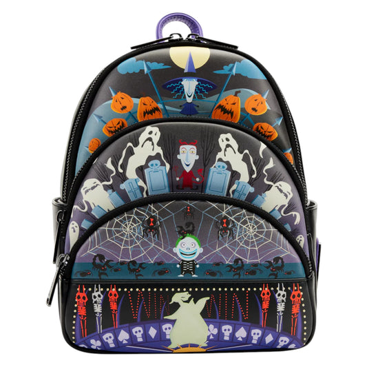 NBC halloween-themed backpack with ghost, pumpkin, and various nbc character designs on a white background. 