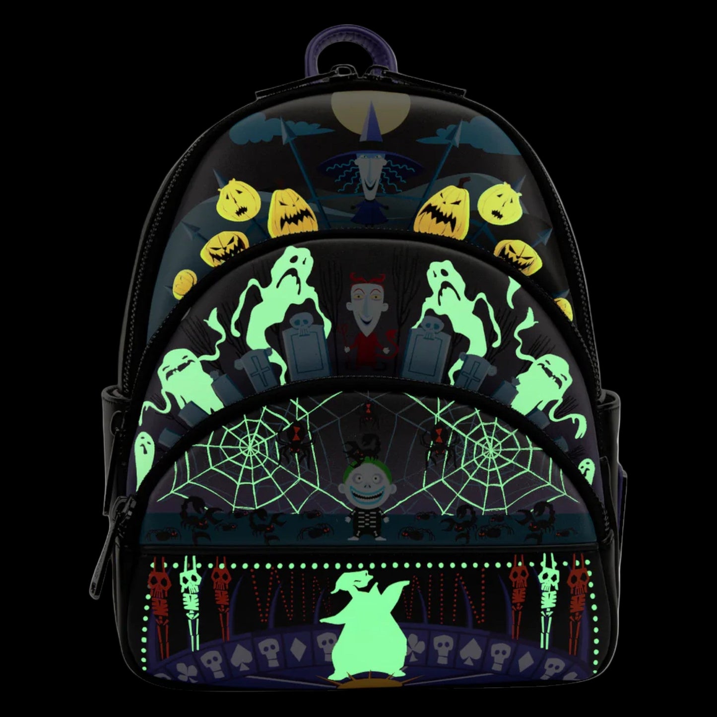 Glowing NBC halloween-themed backpack with ghost, pumpkin, and various nbc character designs on a black background.