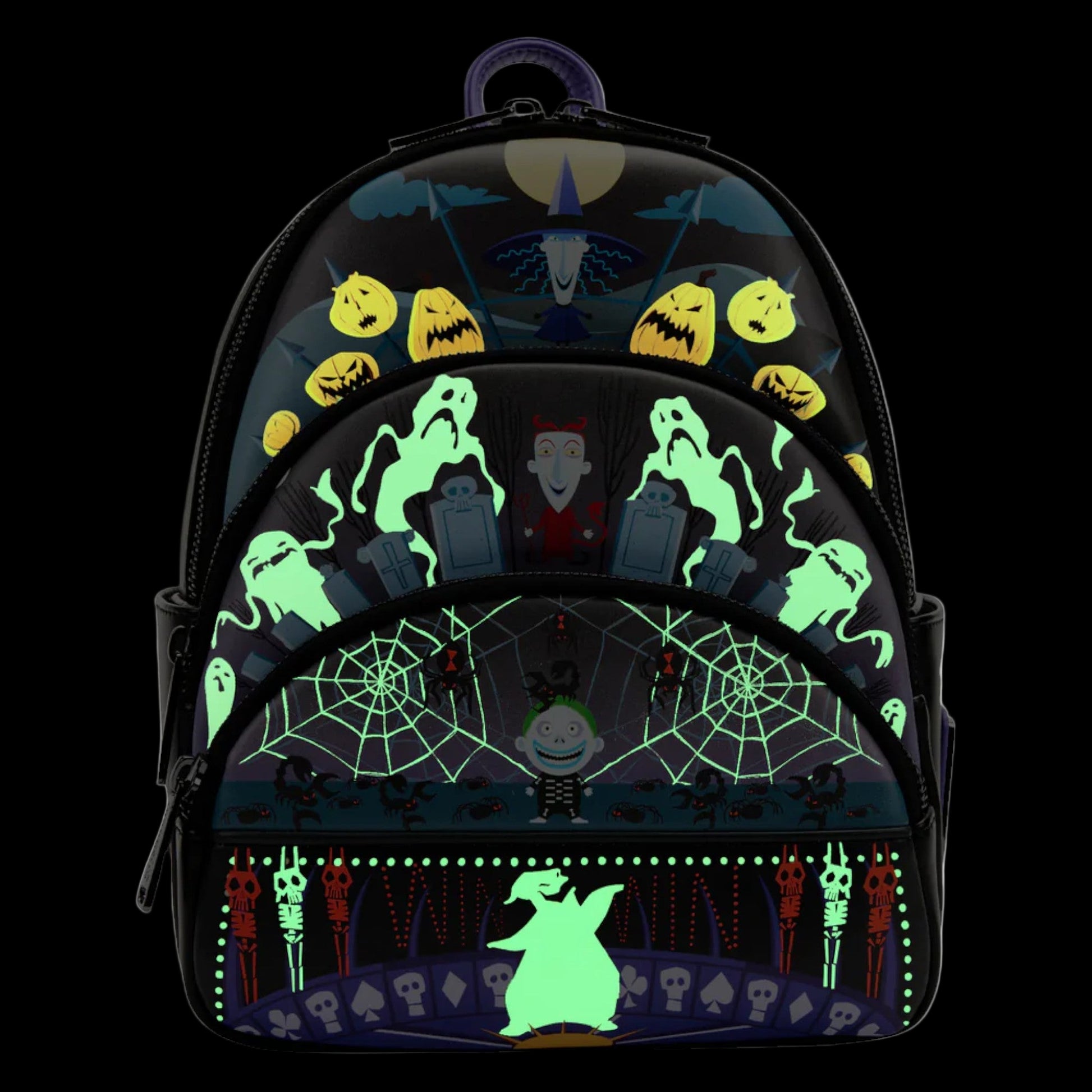 Glowing NBC halloween-themed backpack with ghost, pumpkin, and various nbc character designs on a black background.