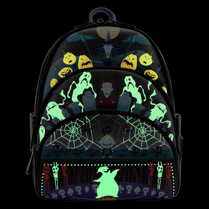 Glowing NBC halloween-themed backpack with ghost, pumpkin, and various nbc character designs on a black background.