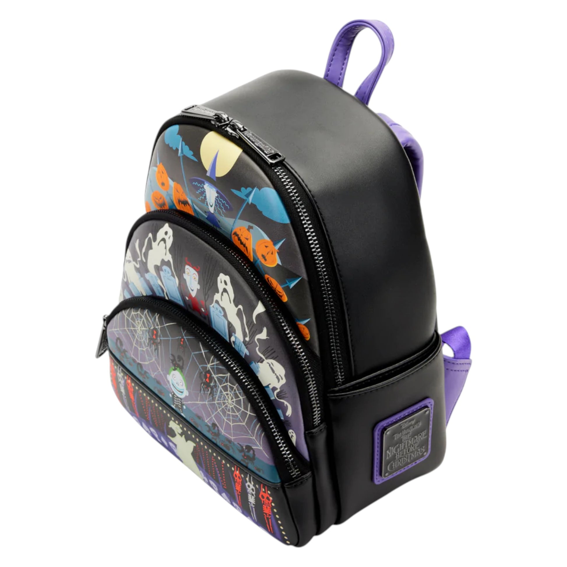 NBC halloween-themed backpack with ghost, pumpkin, and various nbc character designs on a white background