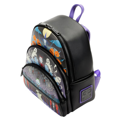 NBC halloween-themed backpack with ghost, pumpkin, and various nbc character designs on a white background