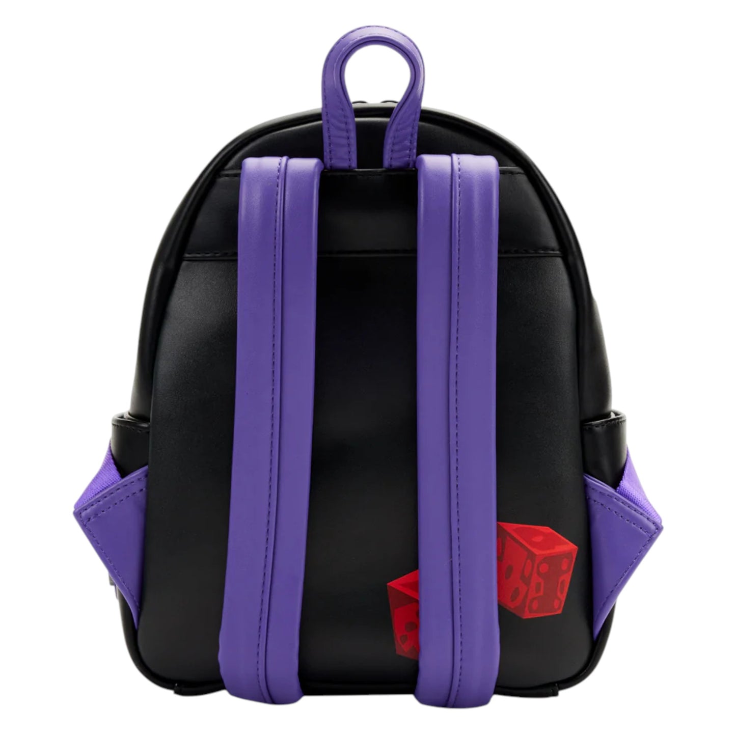 Black backpack with purple straps and a red dice design on a white background