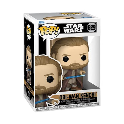 Obi-Wan-Kenobi holding his light saber in packaging of from Star Wars on white background