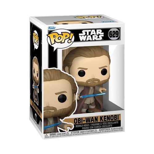 Obi-Wan-Kenobi holding his light saber in packaging of from Star Wars on white background
