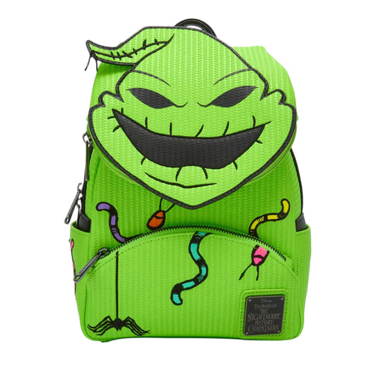 Green backpack with Oogie Boogie face design on a white background