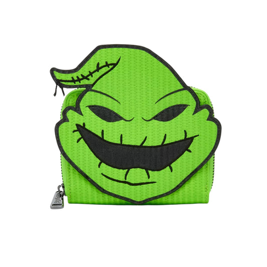 Oogie Boogie face on a green wallet on a white background