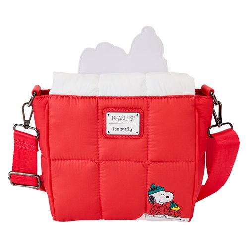 Back view of  bag with Snoopy and Woodstock design and 'Peanuts' label on a white background 
