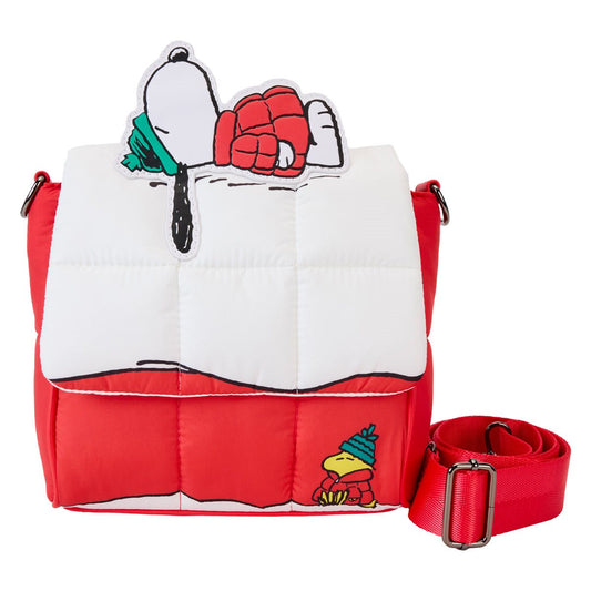 Red backpack with Snoopy and Woodstock design on a white background