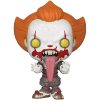 Funko Pop! vinyl figure of Pennywise figure bloody with tongue out with orange hair, yellow eyes, and a long tongue on a white background
