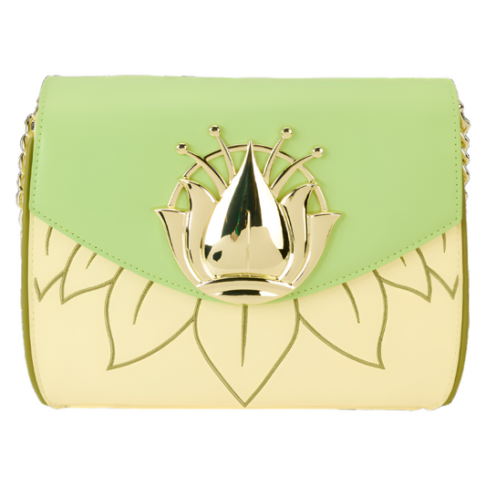 Green and yellow Princess and the Frog Crossbody bag with a gold emblem on a white background