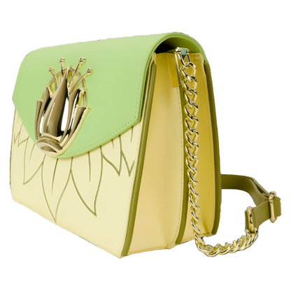 Side view of Princess and the Frog Crossbody bag with green top section and yellow body, featuring a gold chain strap on a white background.