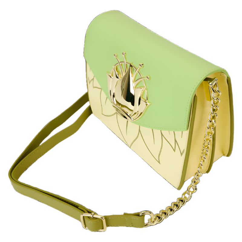 Side view of Princess and the Frog Crossbody bag with gold accents on a white background
