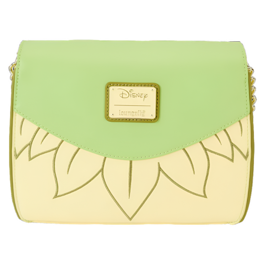 Green and yellow Princess and the Frog Crossbody bag with hard tag Loungefly and Disney logo on a white background