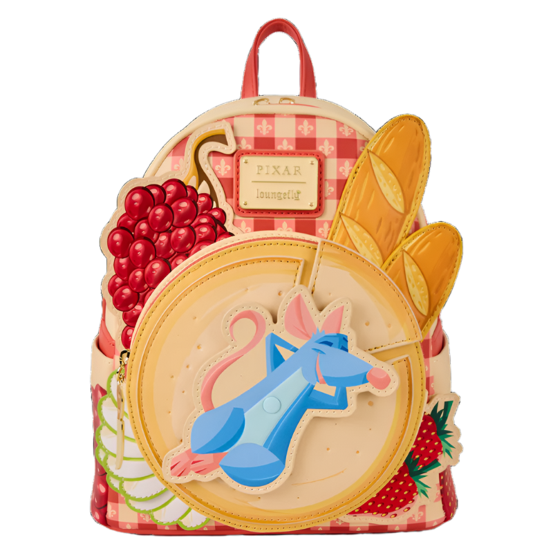 Front view of the mini backpack with Ratatouille Remy design inspired by Pixar, featuring a checkered pattern and fruit shapes.
