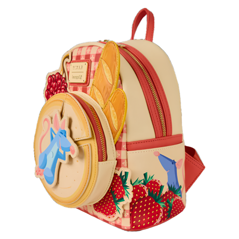 Top and side view of the mini backpack with Ratatouille Remy and strawberry design on a white background