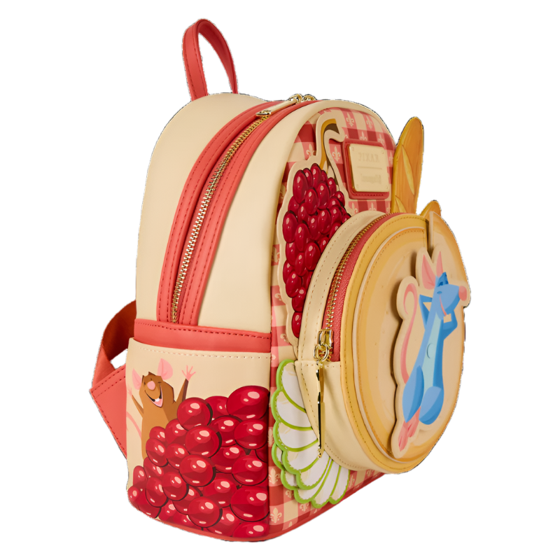 op and side view of the mini backpack with Ratatouille Remy and strawberry design on a white background