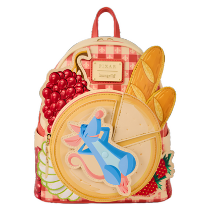 Front view of the mini backpack with Ratatouille Remy design inspired by Pixar, featuring a checkered pattern and fruit shapes.