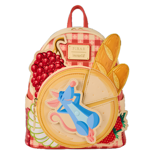Front view of the mini backpack with Ratatouille Remy design inspired by Pixar, featuring a checkered pattern and fruit shapes.