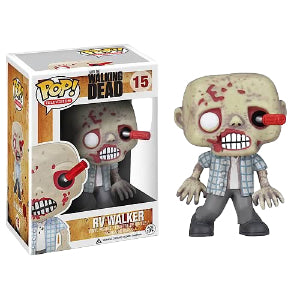 Pop! Vinyl figure of RV Walker from The Walking Dead  with a screwdriver in its left eye next to its packaging on a white background