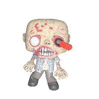 RV Walker from The Walking Dead  with a screwdriver in its left eye with a plaid shirt on a white background
