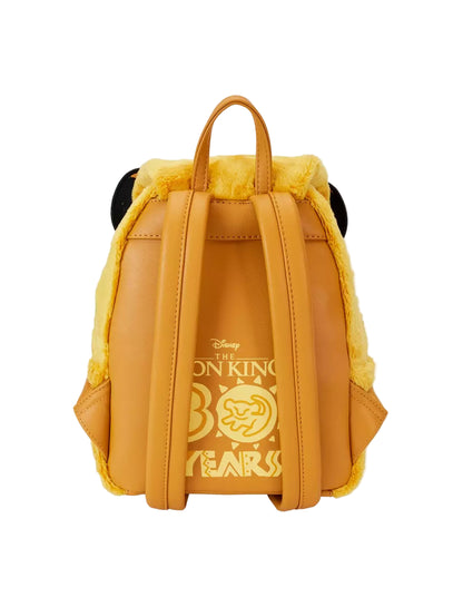 Back view Simba Flocked Mini Backpack with 'The Lion King' text on a white background