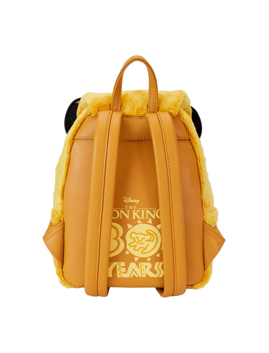 Back view Simba Flocked Mini Backpack with 'The Lion King' text on a white background