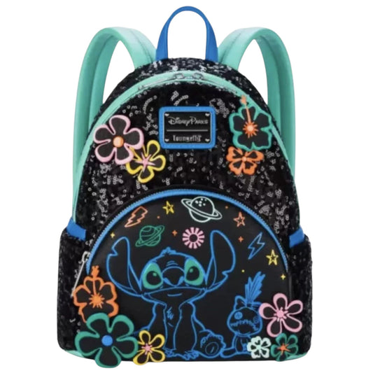 Backpack with Stitch and floral designs on a white background