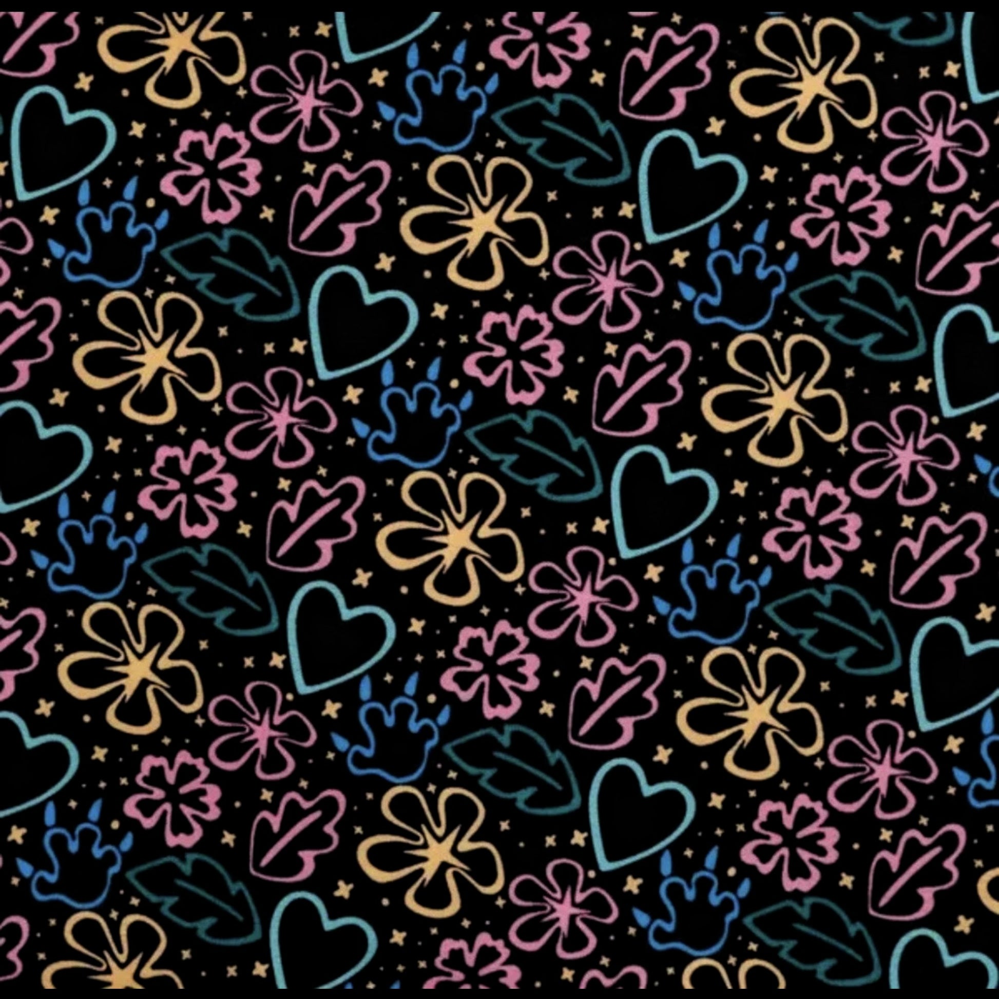 Colorful hand-drawn floral and heart patterns on a black background