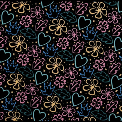 Colorful hand-drawn floral and heart patterns on a black background