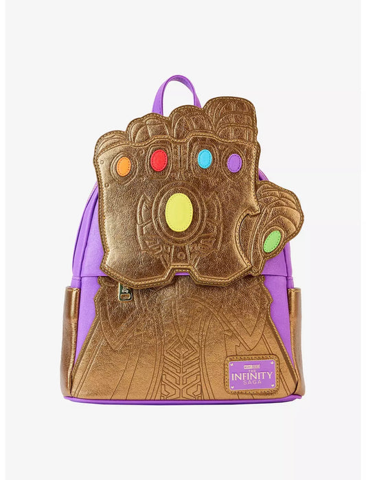 Backpack designed like Thanos' gauntlet from Marvel Comics on a white background