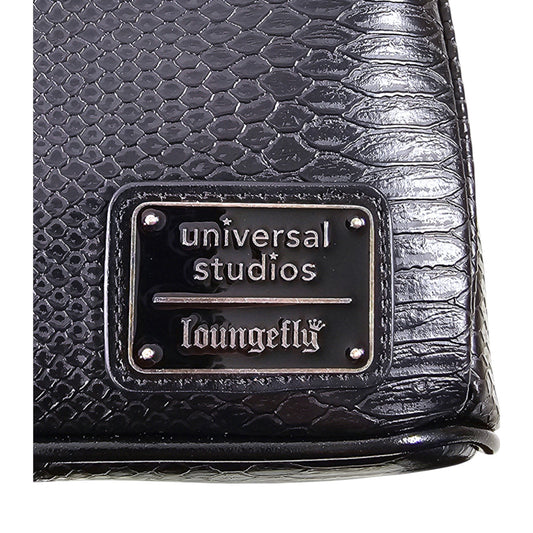 Black textured mini backpack with 'universal studios' and 'loungefly' branding.