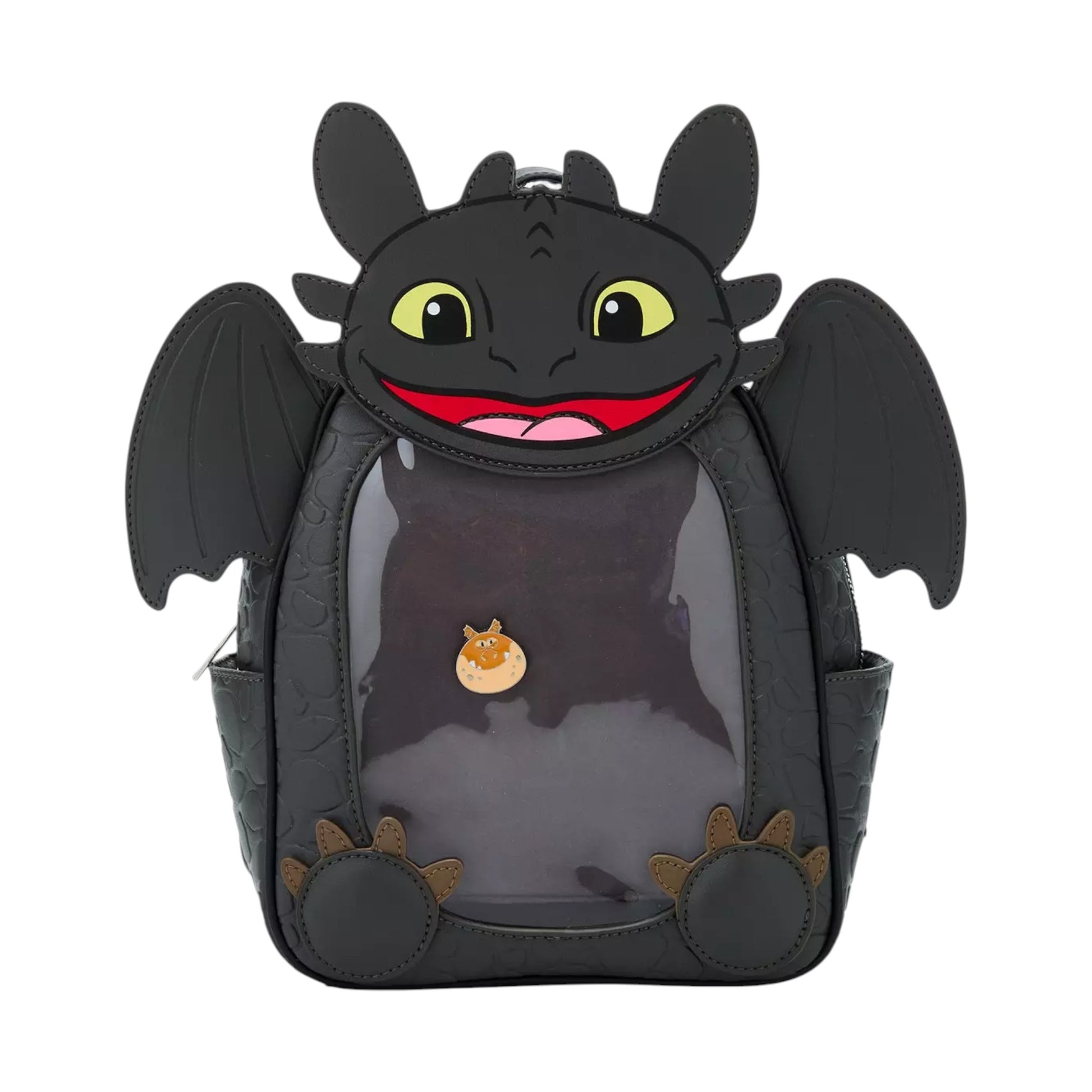 Pin backpack designed like Toothless the dragon with a smiling face on a white background