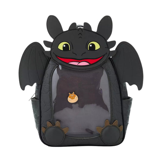 Pin backpack designed like Toothless the dragon with a smiling face on a white background