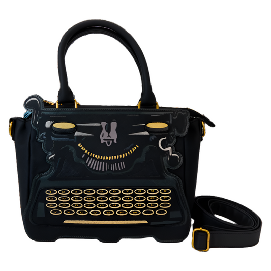 Black typewriter-shaped  Crossbody bag with gold accents on a white background