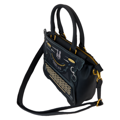 Side view of Black Crossbody bag with gold accents on a white background